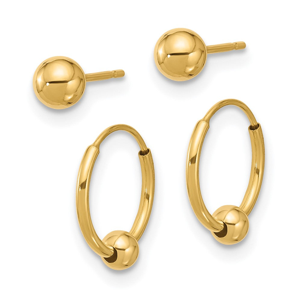 14K Yellow Gold Polished Ball and Hoop Earring Set