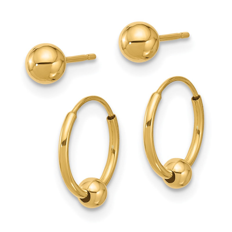 14K Yellow Gold Polished Ball and Hoop Earring Set