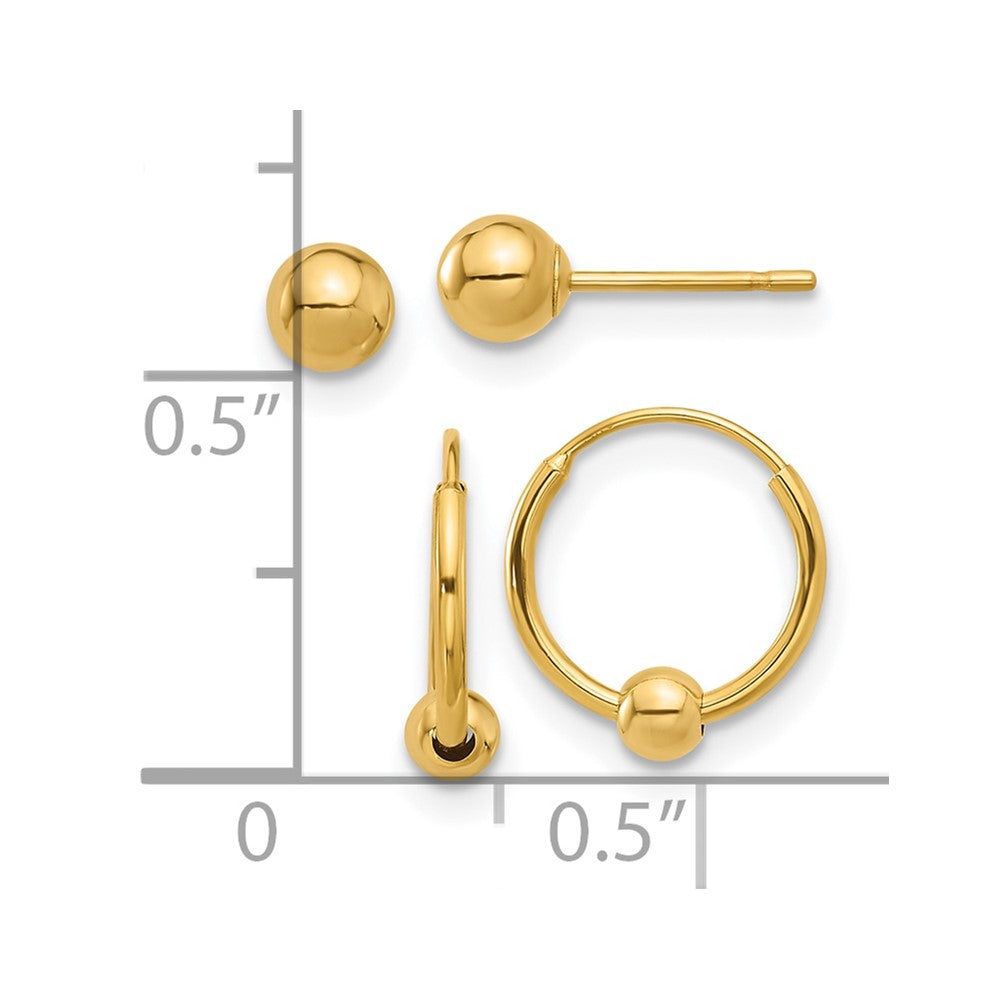 14K Yellow Gold Polished Ball and Hoop Earring Set