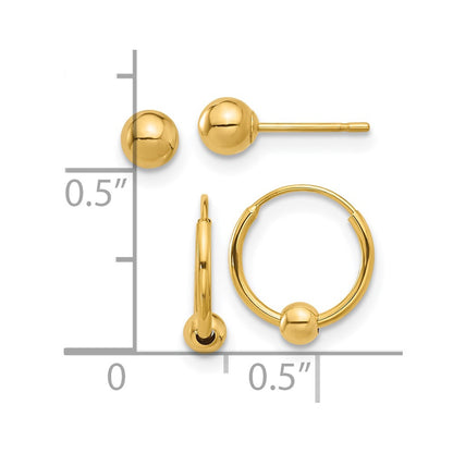 14K Yellow Gold Polished Ball and Hoop Earring Set