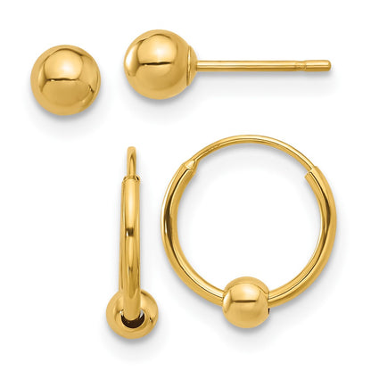 14K Yellow Gold Polished Ball and Hoop Earring Set