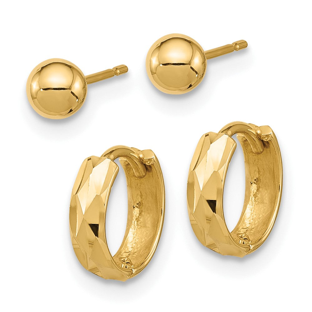 14K Yellow Gold Polished 4mm Ball and Diamond Cut Hoop Set