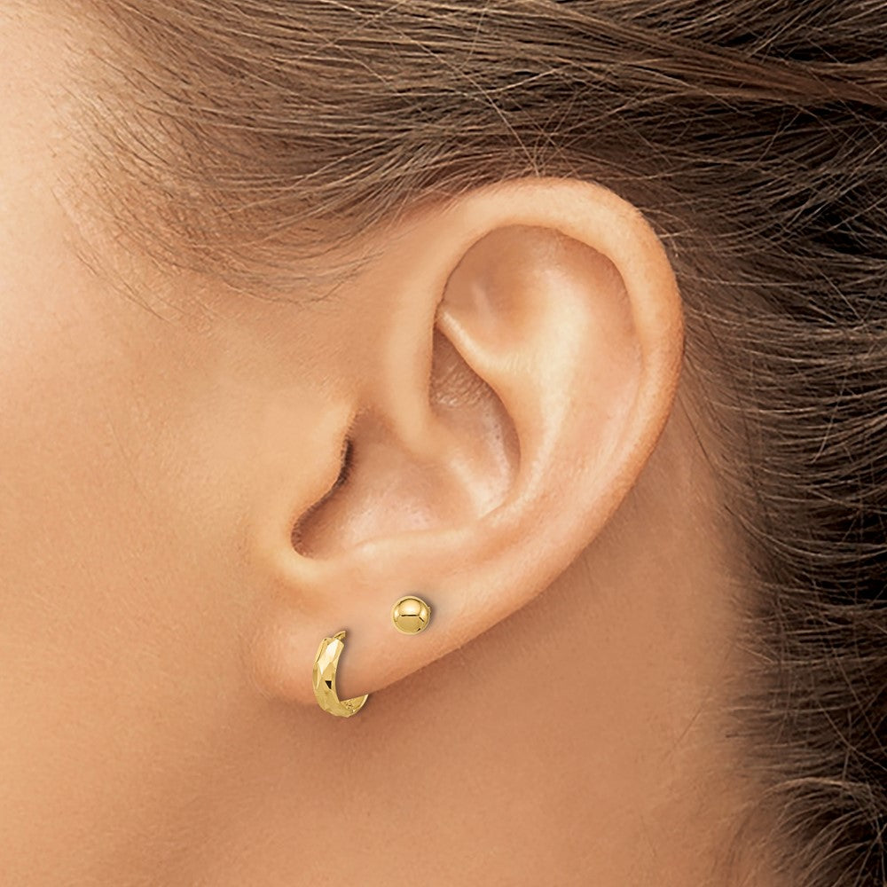 14K Yellow Gold Polished 4mm Ball and Diamond Cut Hoop Set