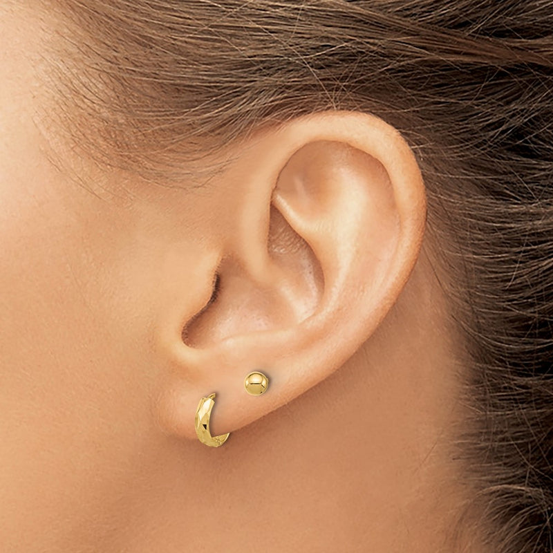 14K Yellow Gold Polished 4mm Ball and Diamond Cut Hoop Set