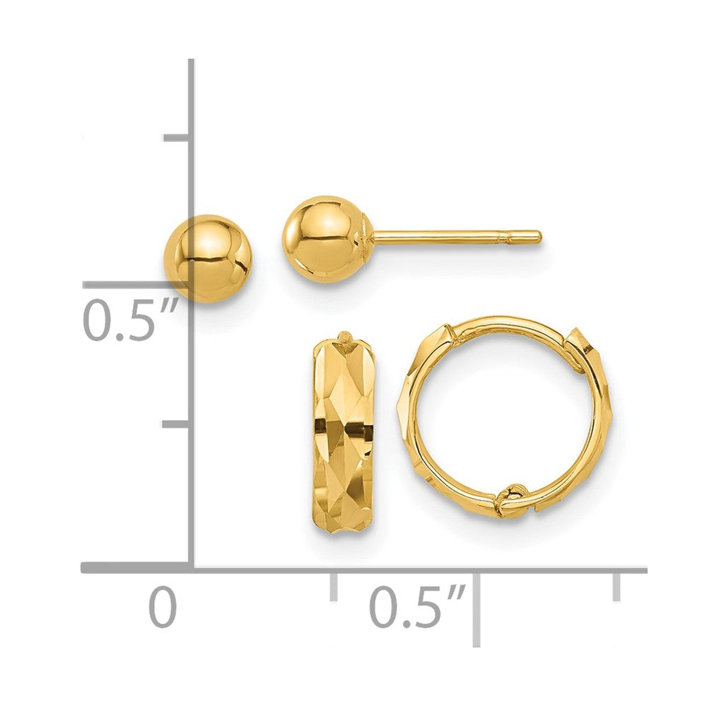 14K Yellow Gold Polished 4mm Ball and Diamond Cut Hoop Set