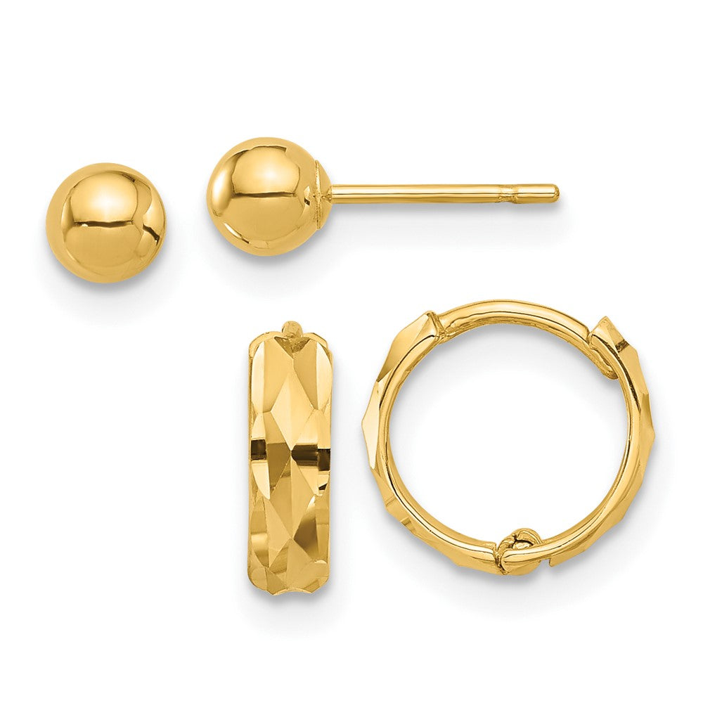 14K Yellow Gold Polished 4mm Ball and Diamond Cut Hoop Set