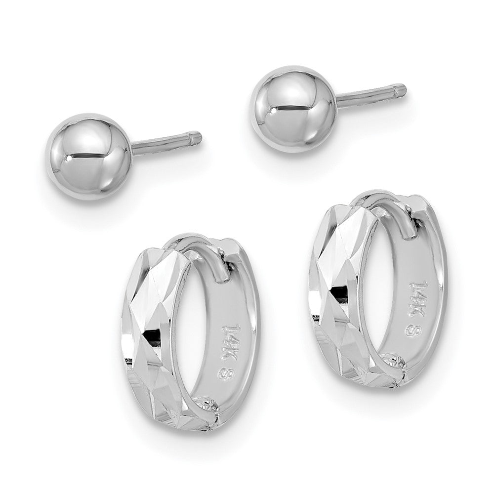 14K White Gold Polished 4mm Ball and D/c Hinged Hoop Earring Set