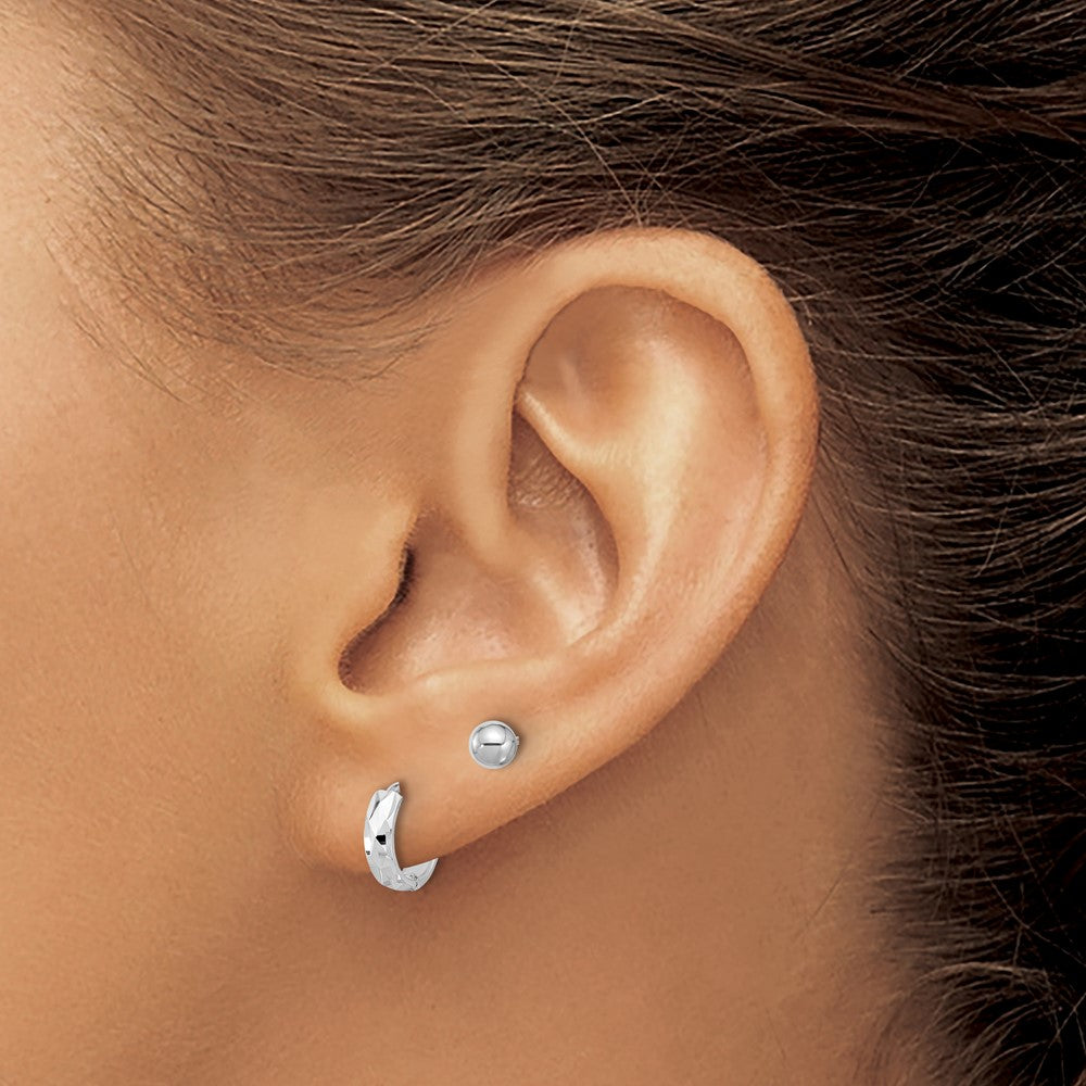 14K White Gold Polished 4mm Ball and D/c Hinged Hoop Earring Set