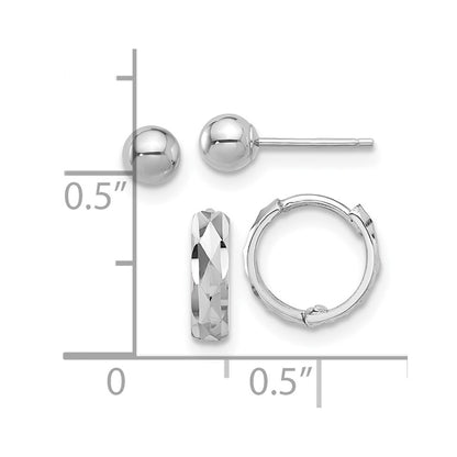 14K White Gold Polished 4mm Ball and D/c Hinged Hoop Earring Set