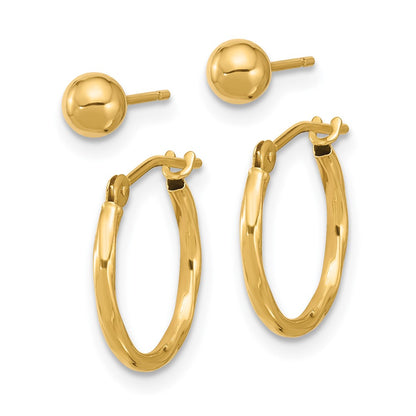 14K Yellow Gold Polished 4mm Ball and Twisted Hoop Earring Set
