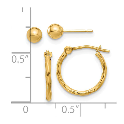 14K Yellow Gold Polished 4mm Ball and Twisted Hoop Earring Set