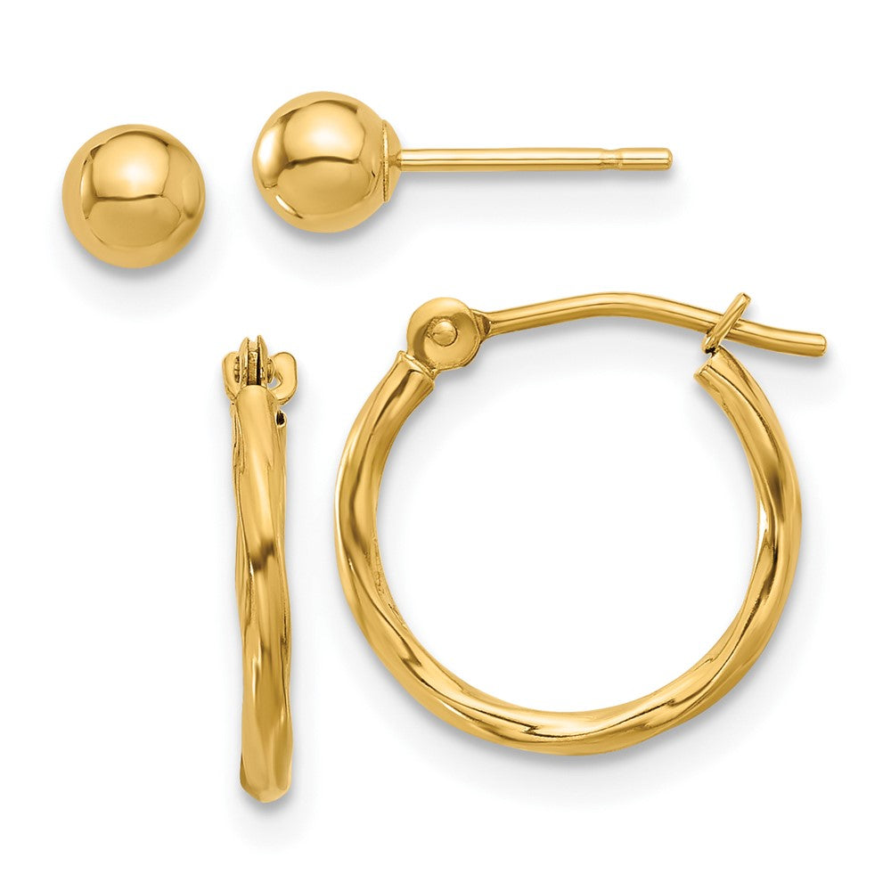 14K Yellow Gold Polished 4mm Ball and Twisted Hoop Earring Set