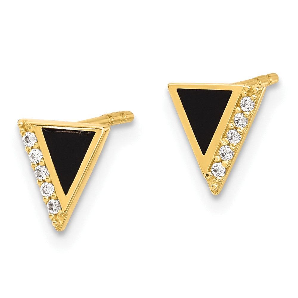 14K Yellow Gold CZ Black Epoxy Triangle Post Earrings