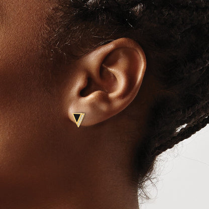 14K Yellow Gold CZ Black Epoxy Triangle Post Earrings