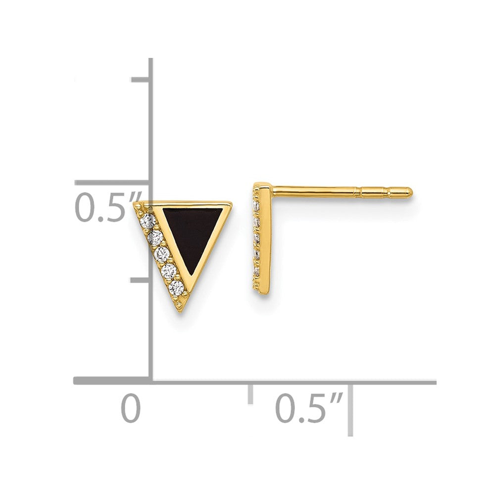 14K Yellow Gold CZ Black Epoxy Triangle Post Earrings