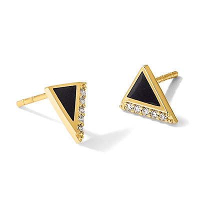 14K Yellow Gold CZ Black Epoxy Triangle Post Earrings