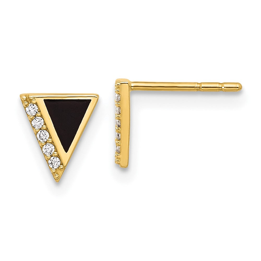 14K Yellow Gold CZ Black Epoxy Triangle Post Earrings
