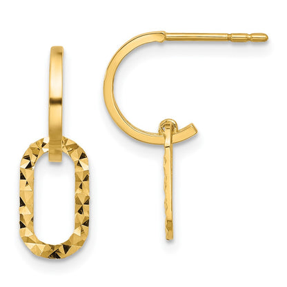 14K Yellow Gold Polished and D/c J-Hoop Dangle Post Earrings