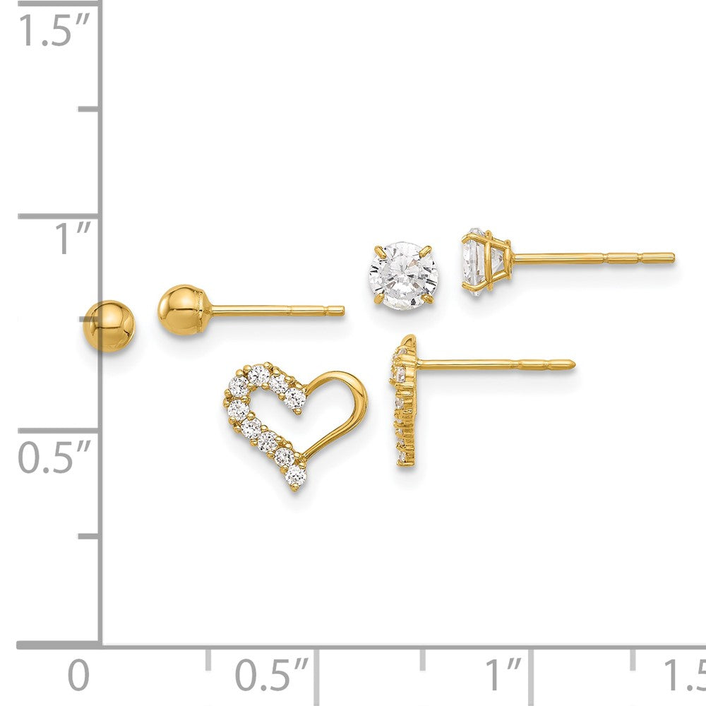 14K Yellow Gold Polished CZ Ball and Heart Post Earring Set