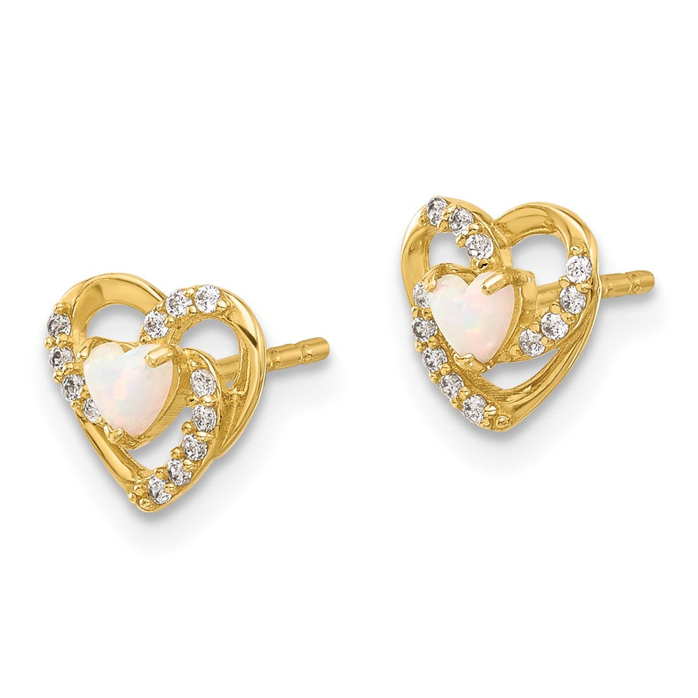 14K Yellow Gold CZ and Created Opal Heart Post Earrings