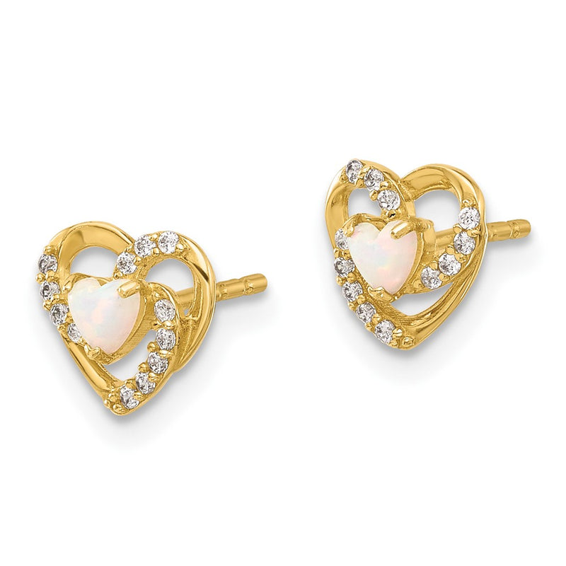 14K Yellow Gold CZ and Created Opal Heart Post Earrings