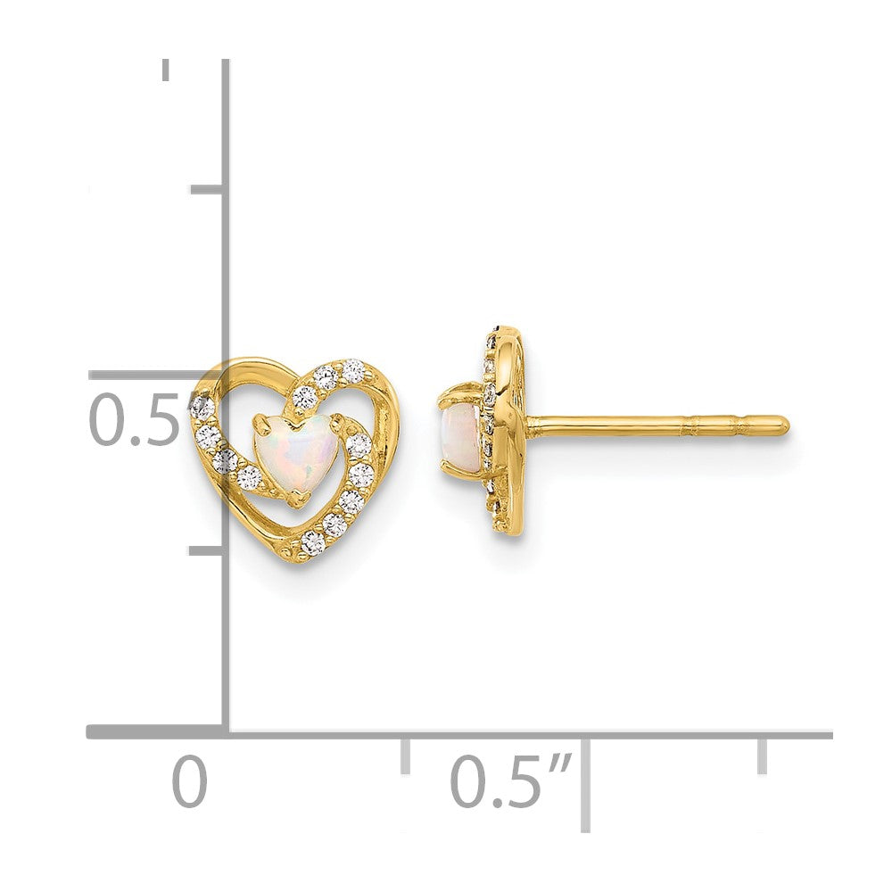 14K Yellow Gold CZ and Created Opal Heart Post Earrings