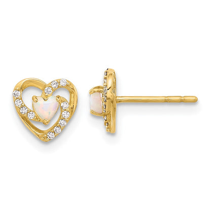 14K Yellow Gold CZ and Created Opal Heart Post Earrings