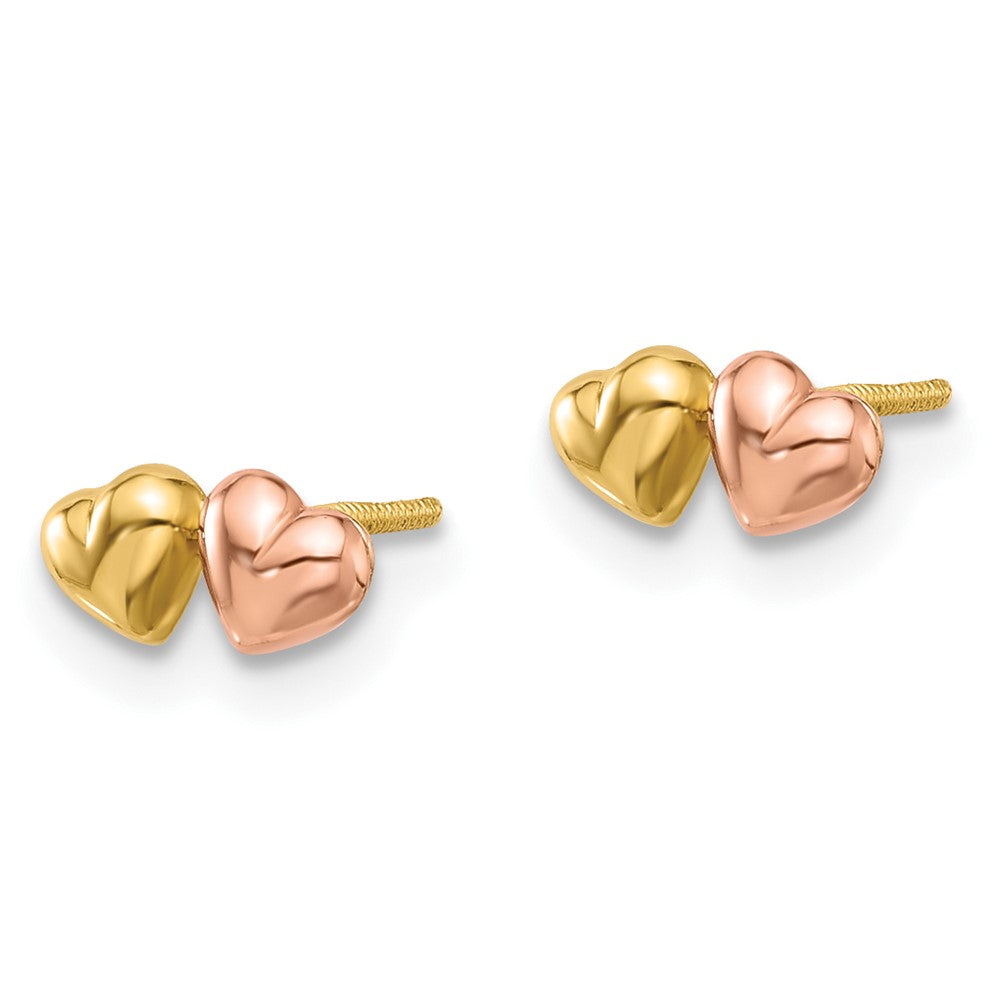 14K Two-Tone Double Hearts Screwback Post Earrings