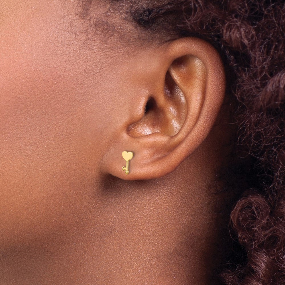 14K Yellow Gold Polished Heart Key Post Earrings