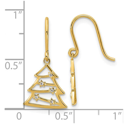 14K Yellow Gold Polished CZ Christmas Tree Shepherd Hook Dangle Earrings