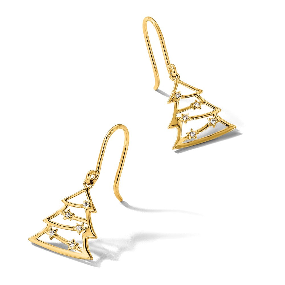 14K Yellow Gold Polished CZ Christmas Tree Shepherd Hook Dangle Earrings