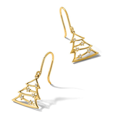 14K Yellow Gold Polished CZ Christmas Tree Shepherd Hook Dangle Earrings