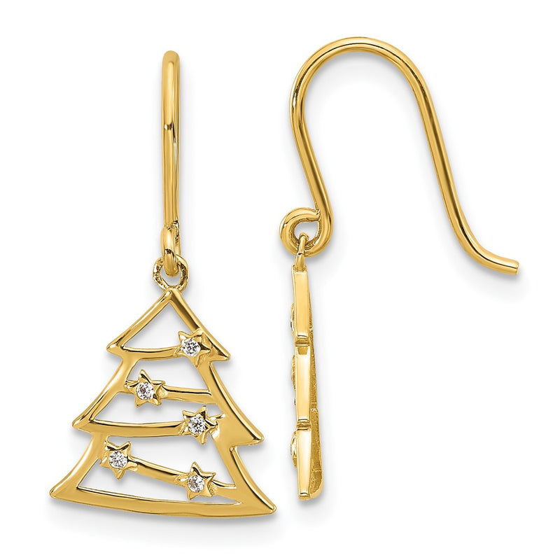 14K Yellow Gold Polished CZ Christmas Tree Shepherd Hook Dangle Earrings