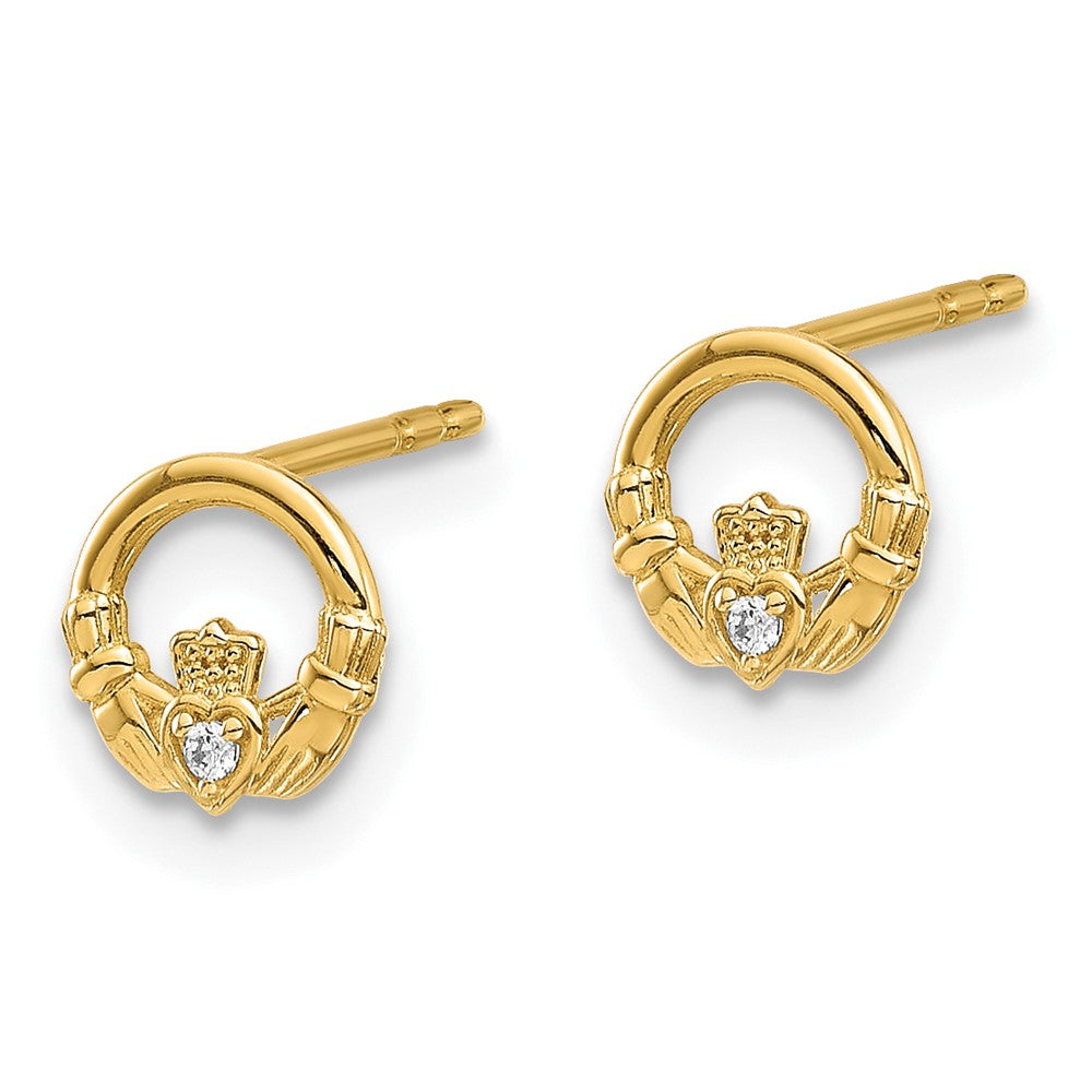 14K Yellow Gold CZ Claddagh Post Earrings