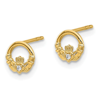 14K Yellow Gold CZ Claddagh Post Earrings