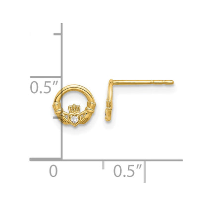14K Yellow Gold CZ Claddagh Post Earrings