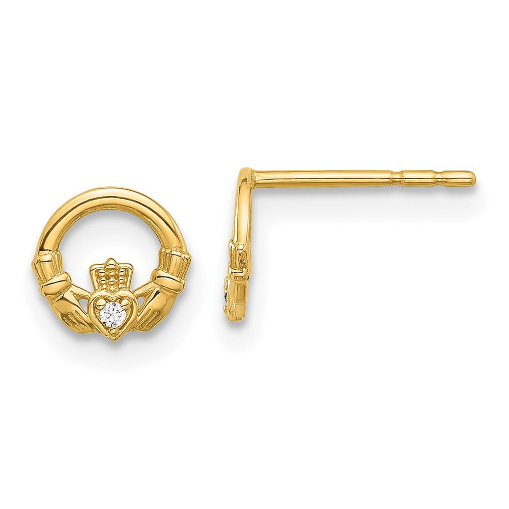 14K Yellow Gold CZ Claddagh Post Earrings