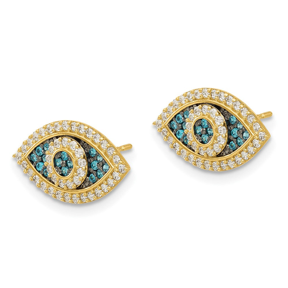 14K Yellow Gold Black Rhodium-Plated Polished Blue/white CZ Evil Eye Post Earrings