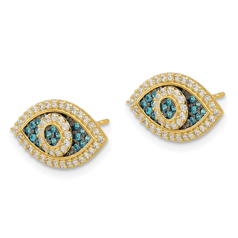 14K Yellow Gold Black Rhodium-Plated Polished Blue/white CZ Evil Eye Post Earrings