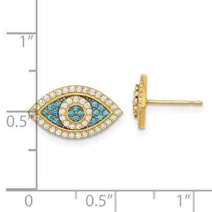 14K Yellow Gold Black Rhodium-Plated Polished Blue/white CZ Evil Eye Post Earrings