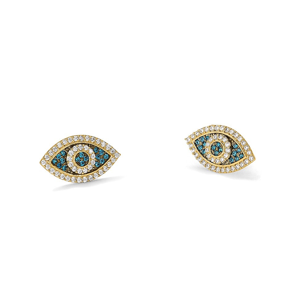 14K Yellow Gold Black Rhodium-Plated Polished Blue/white CZ Evil Eye Post Earrings