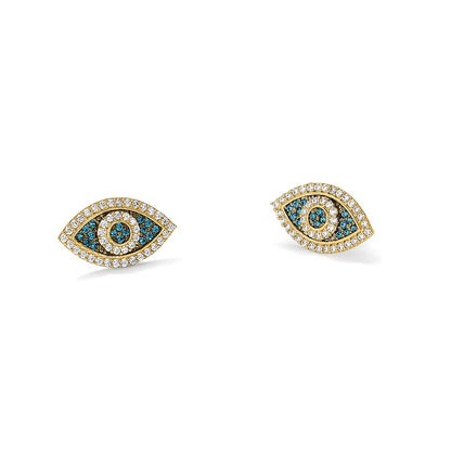 14K Yellow Gold Black Rhodium-Plated Polished Blue/white CZ Evil Eye Post Earrings