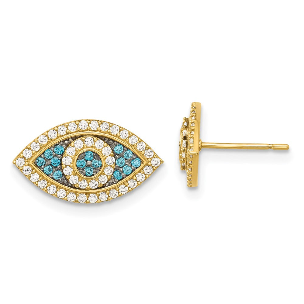 14K Yellow Gold Black Rhodium-Plated Polished Blue/white CZ Evil Eye Post Earrings