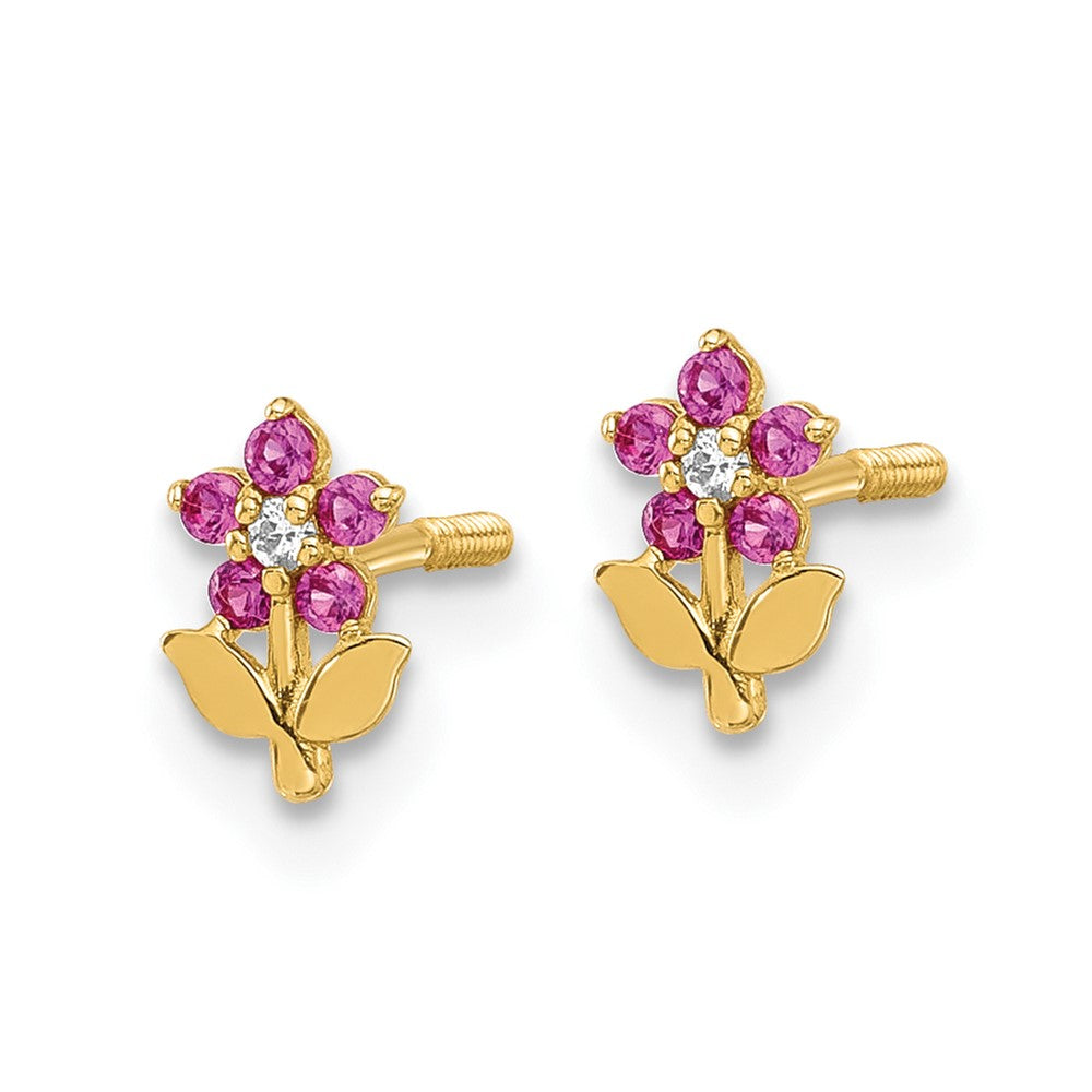 14K Yellow Gold Polished Dark Pink & White CZ Flower Screwback Post Earrings