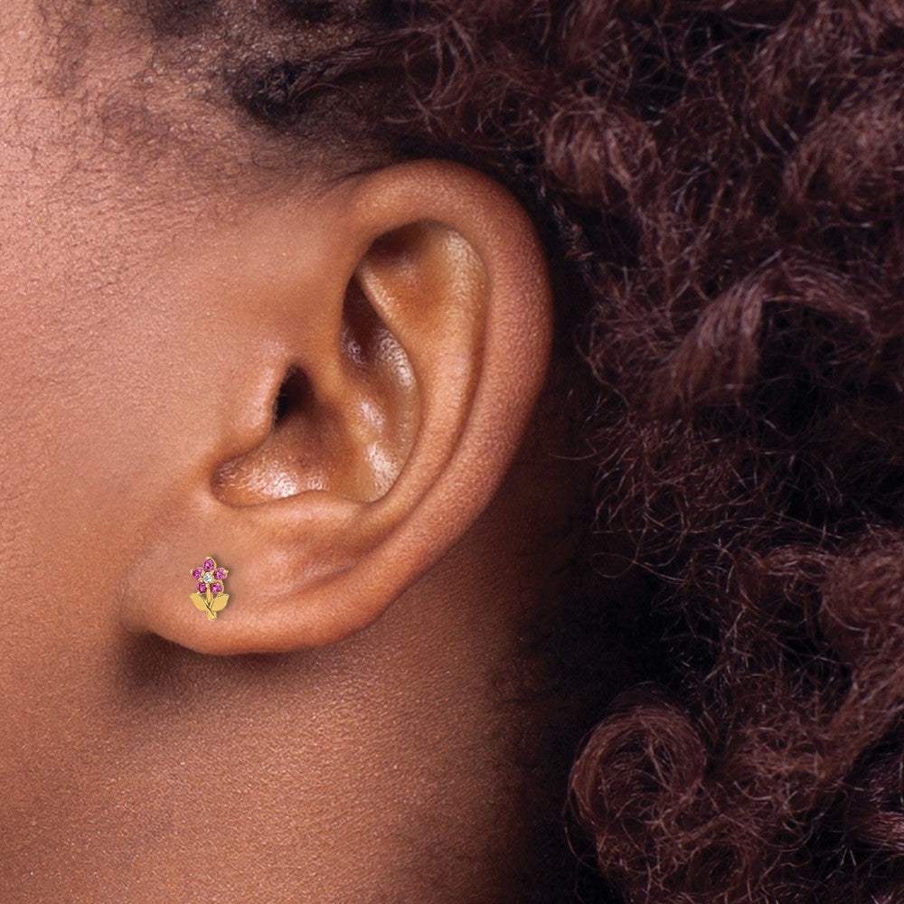 14K Yellow Gold Polished Dark Pink & White CZ Flower Screwback Post Earrings