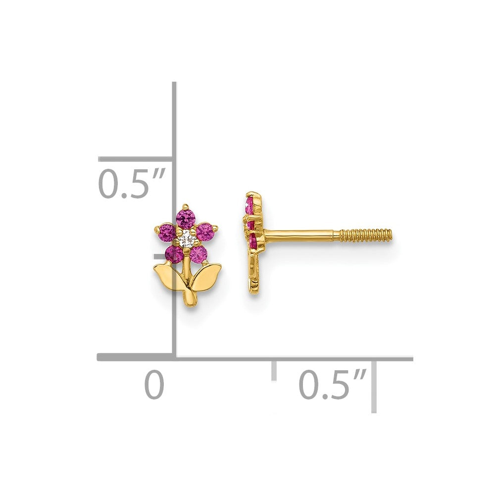 14K Yellow Gold Polished Dark Pink & White CZ Flower Screwback Post Earrings