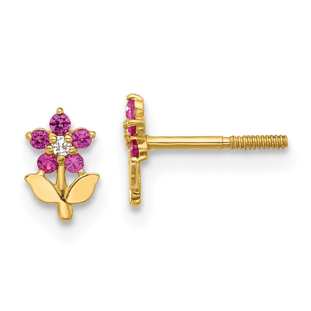 14K Yellow Gold Polished Dark Pink & White CZ Flower Screwback Post Earrings