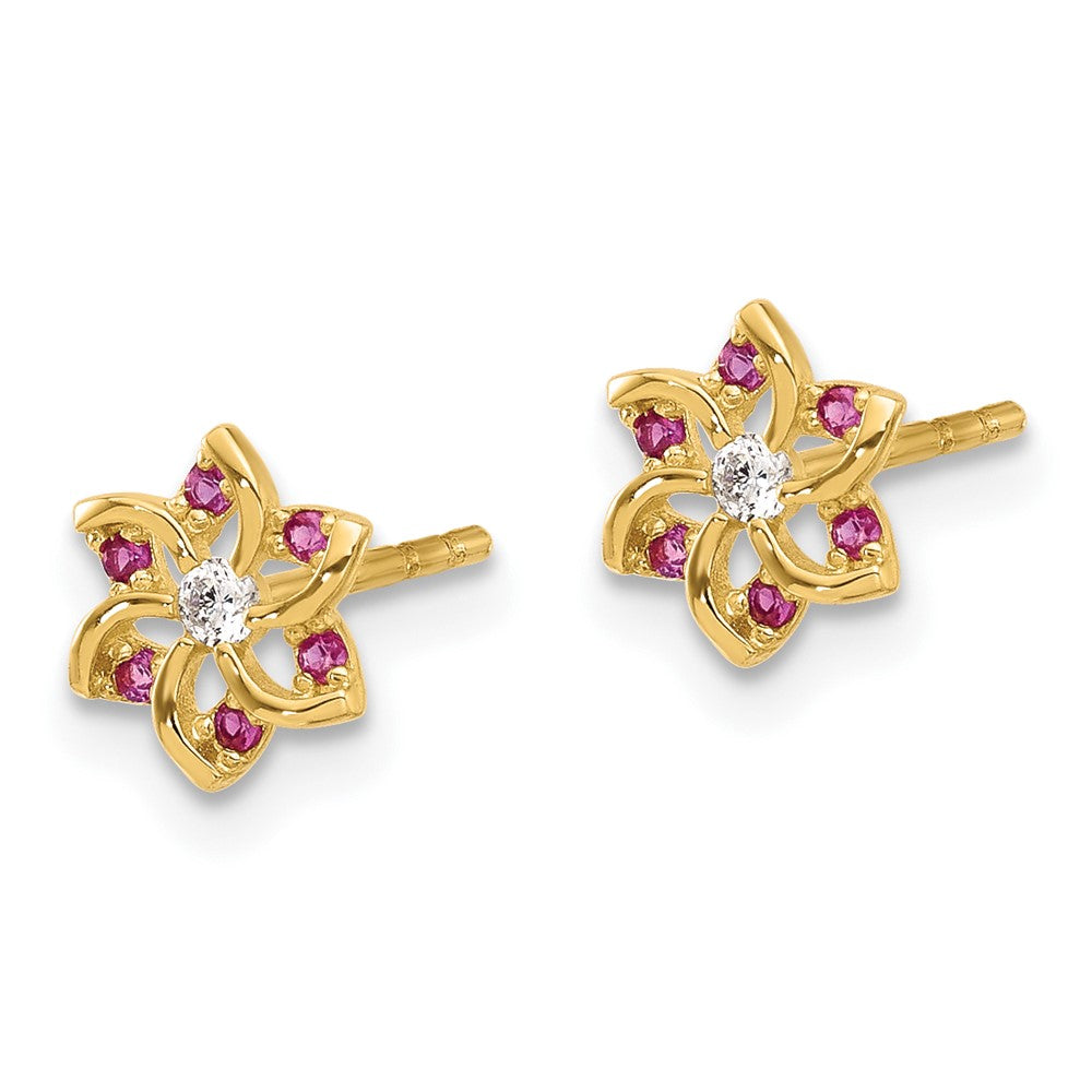 14K Yellow Gold Polished Red and White CZ Flower Post Earrings