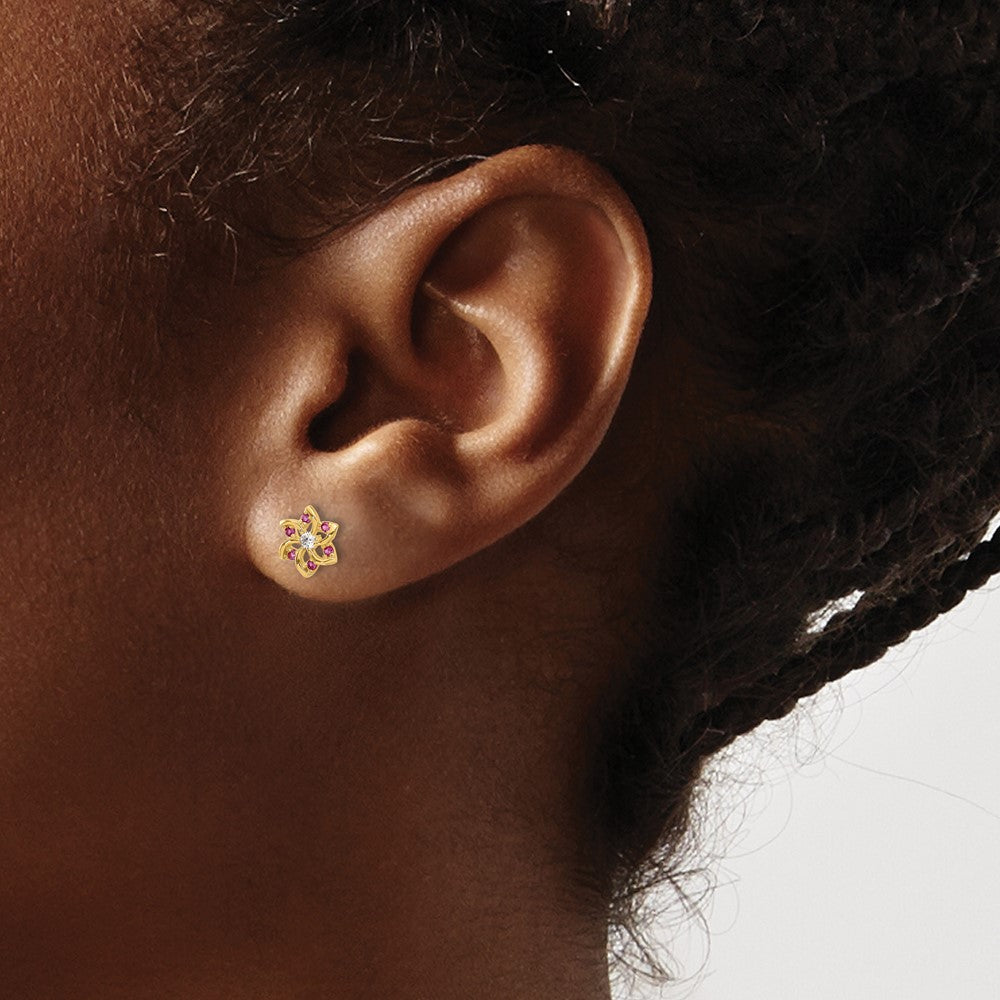 14K Yellow Gold Polished Red and White CZ Flower Post Earrings
