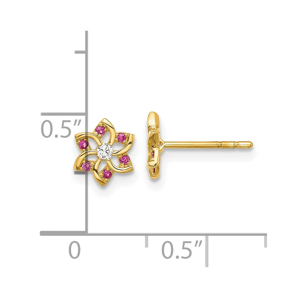 14K Yellow Gold Polished Red and White CZ Flower Post Earrings